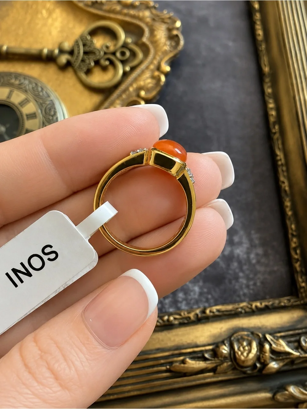 🆕 SONI • Gold Ring Orange Cabochon Crystal Stones Cocktail  Ring